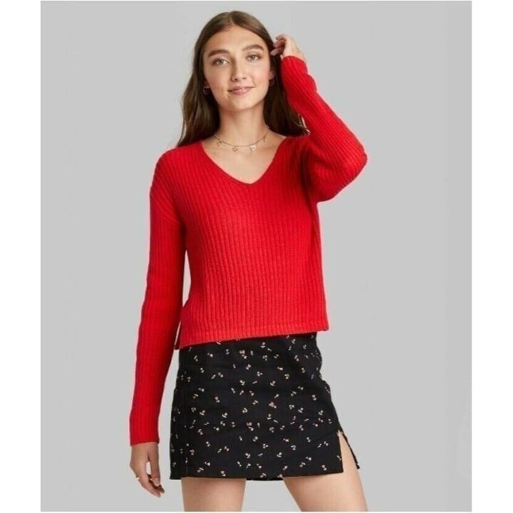 Wild Fable V-Neck Ribbed Pullover Sweater Womens L Red Cropped Knit